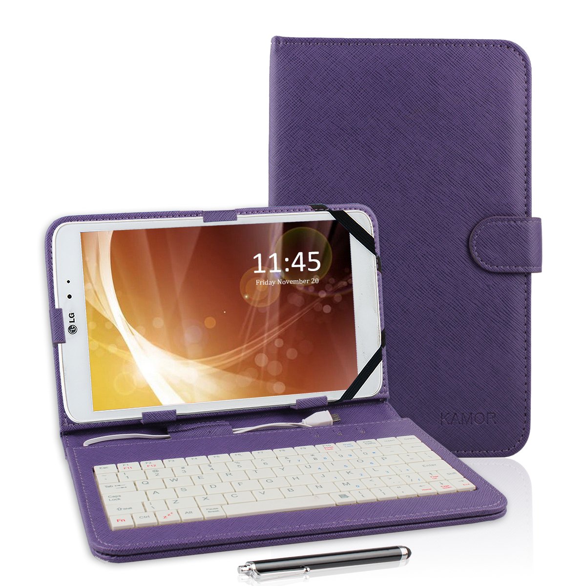 Kamor inches PU Leather Stand Case + Micro USB Keyboard with Touch Screen Stylus Pen for 9 inch Android Tablet PC + Micro Female to Mini Male adapter (9 Inches, Purple)