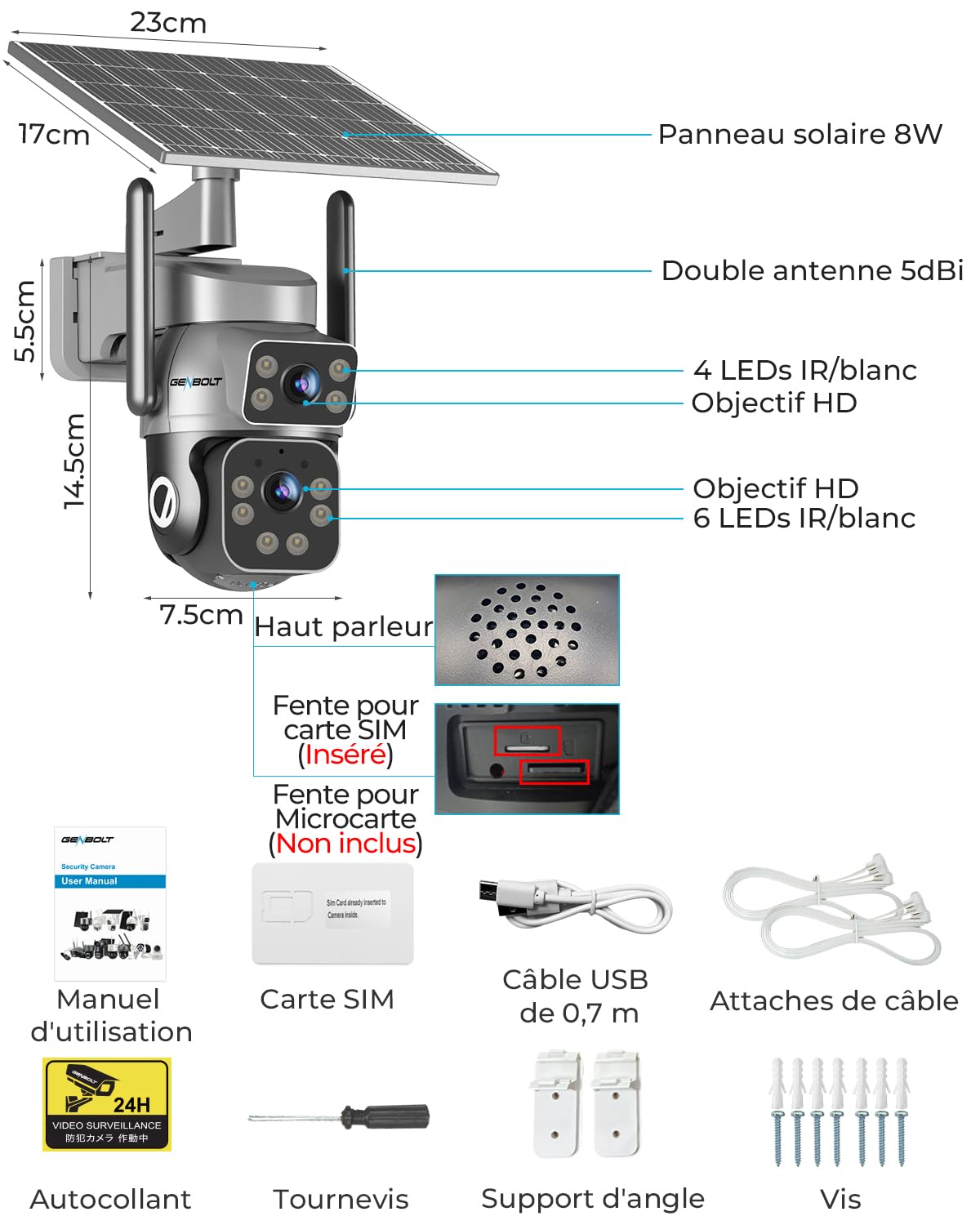 GENBOLT 4G AOV Caméra Surveillance Extérieur Solaire sans Fil Carte Sim