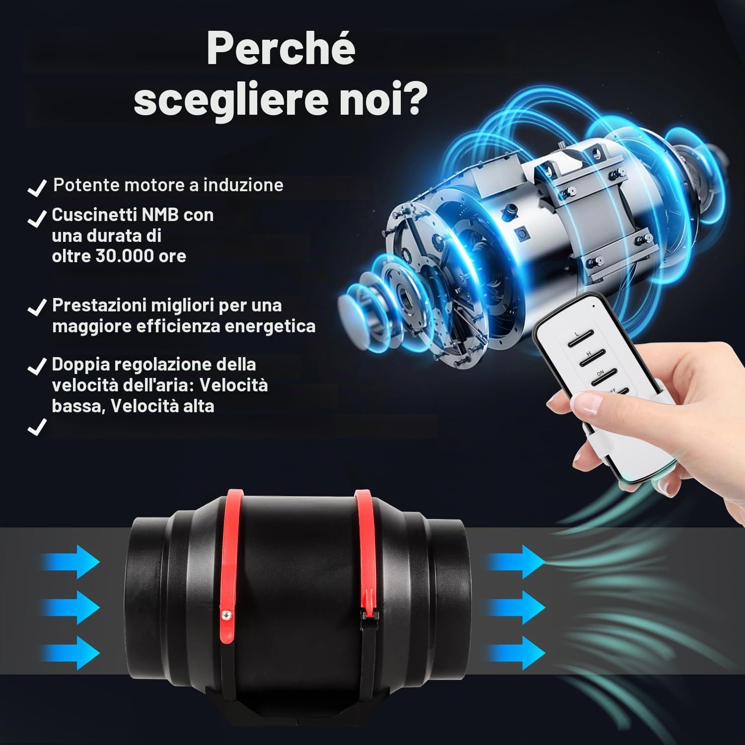 Ventilatore a tubo regolabile da 100 mm, ventilatore a canale in linea, 320 m3/h, ventilatore silenzioso con telecomando, spina europea, per bagno, WC, cucina, serra, tenda, garage