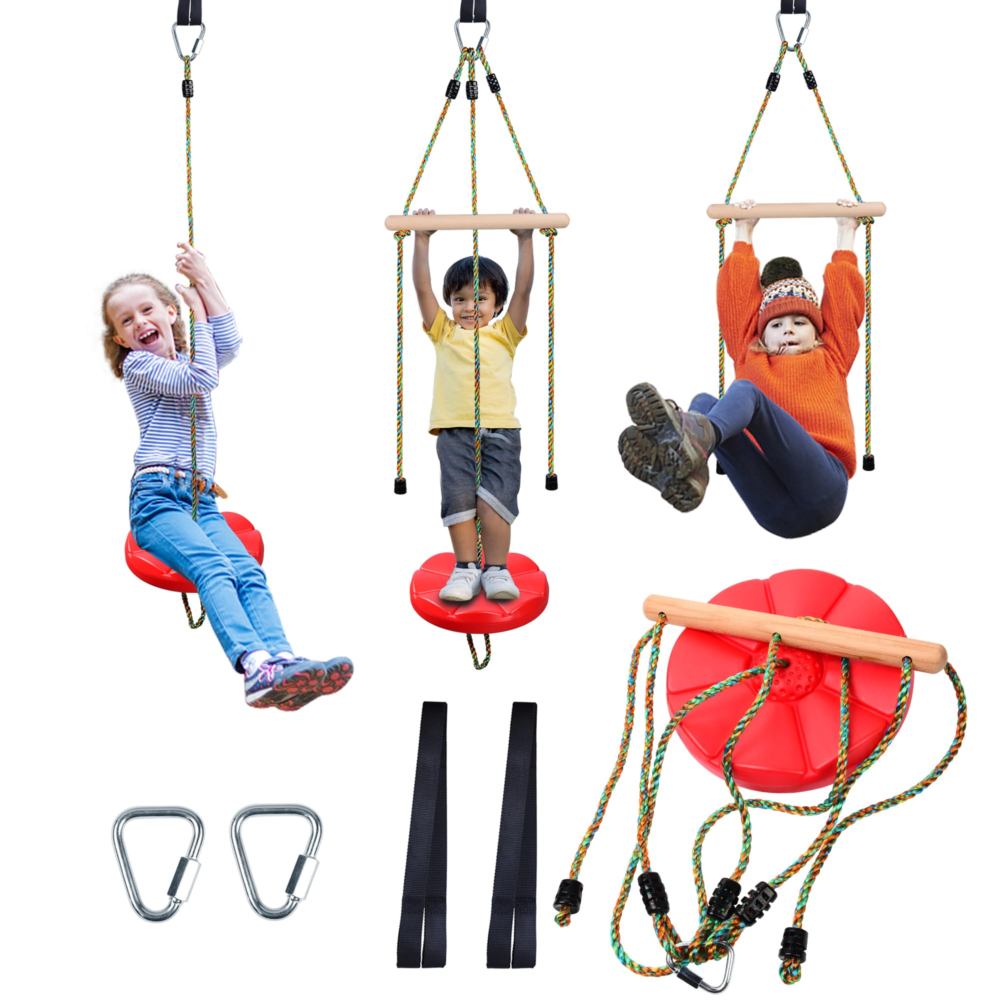 Disc Swing for kids Tree Swing Set Accessories Rope Swing Adjustable Swing Set With Monkey Bars 1 Carabiner 2 Added Hanging Straps 3IN1 Heavy Duty Swingset for Zipline Outdoor Backyard Playground Red