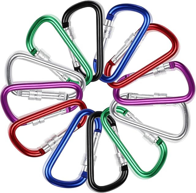 Eucomir 12 Pcs Locking Carabiner Clip, Caribeana Clips, Aluminum Alloy Keyring Clip, Carabiner Keyring, Small Carabiner Clips For Outdoor, Camping, Hiking, Traveling, Fishing (Not For Climbing)