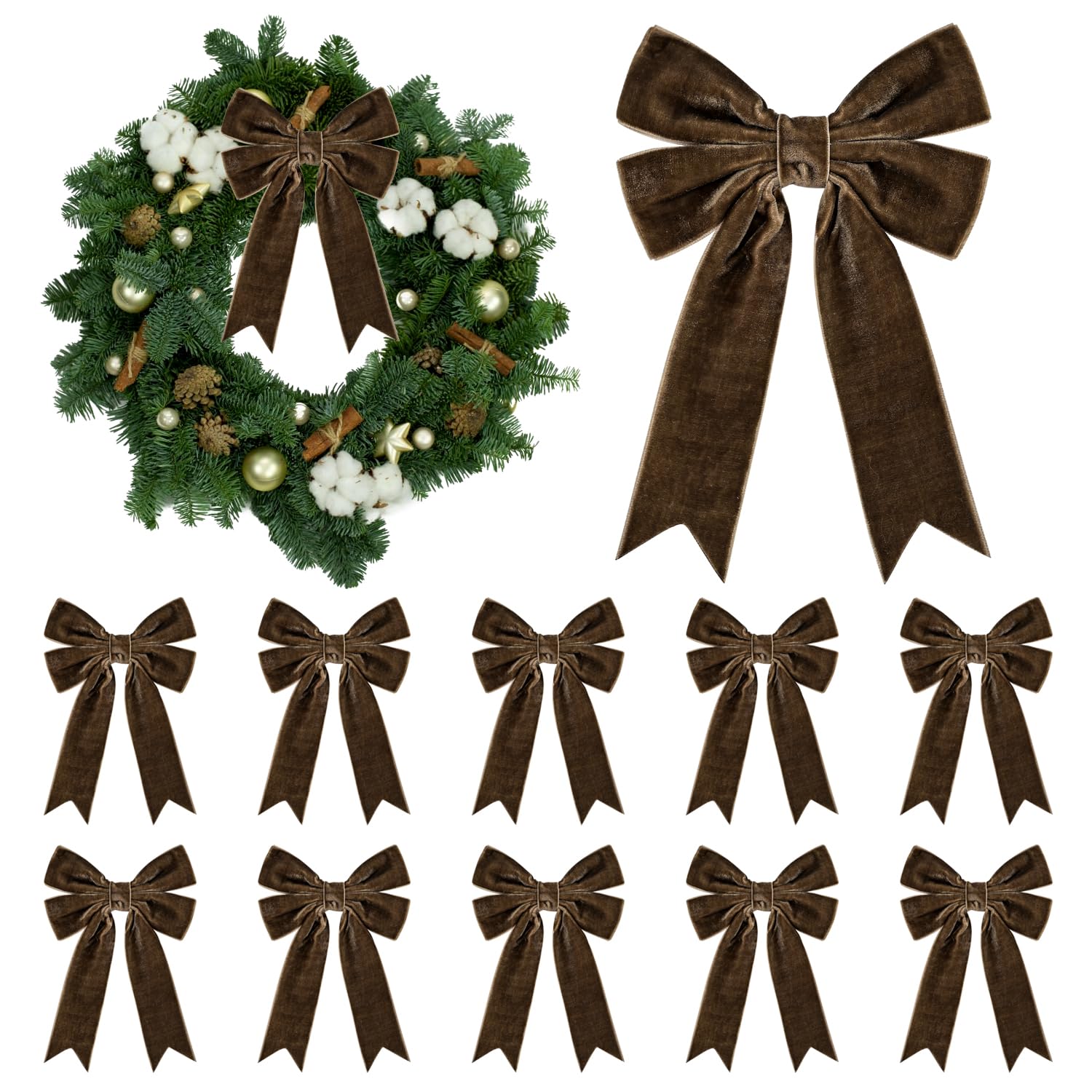 KKSTY 10 Pcs Velvet Ribbon Bow, 5x7inches Vintage Velvet Bows Ornaments for Christmas Tree Garland Wreath Gift Wrapping Indoor Outdoor Holiday Wedding Party Decoration (Brown)