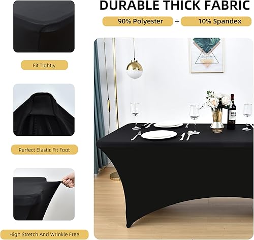 Miniatura 2 de Paquete de 2 Cubiertas de Mesa de Spandex Negro de 6 pies para Mesas Plegables Rectangulares Estándar - Manteles Elásticos Resistentes a las Arrugas
