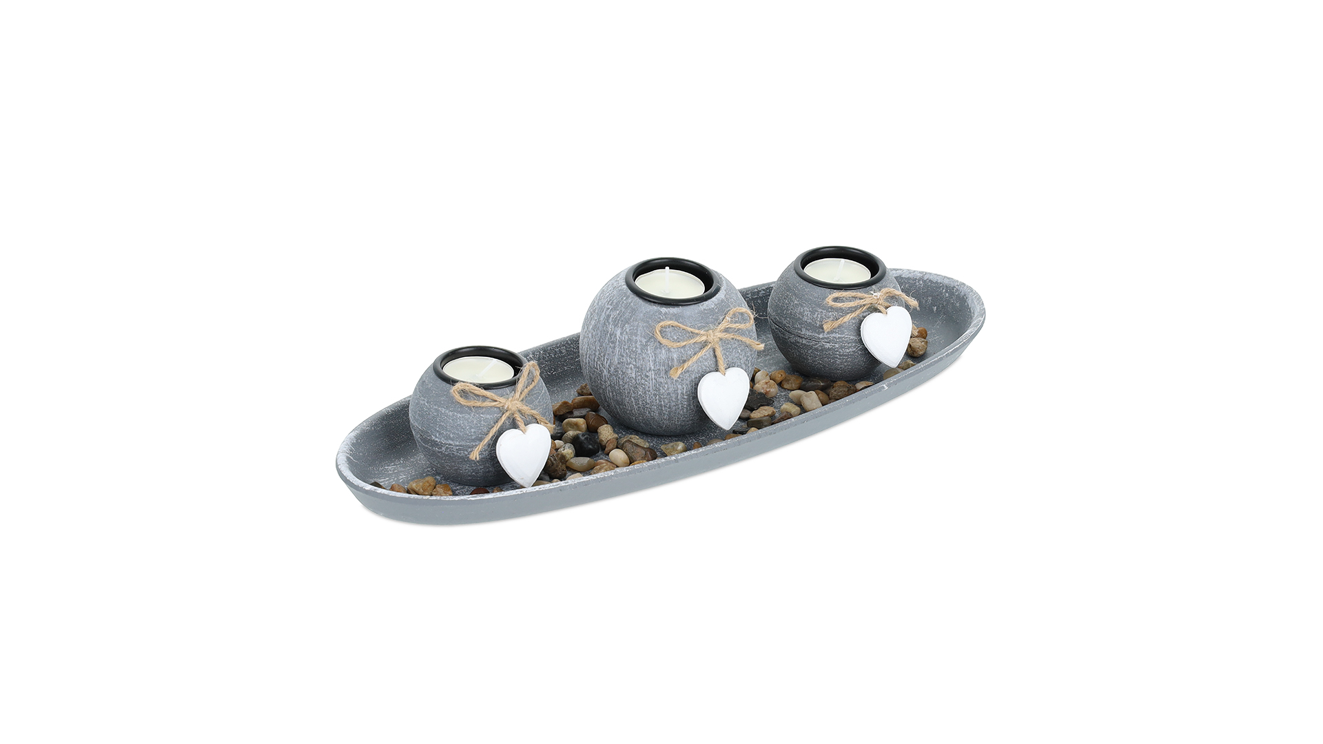 Relaxdays Teelichthalter-Set Mit Tablett & Steinen – 50 Cm, Shabby-Chic, Grau/weiß