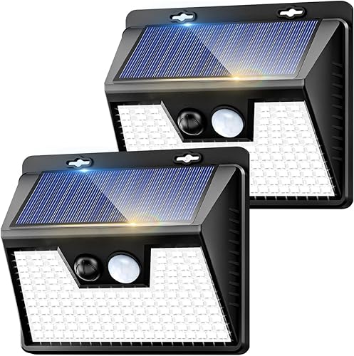kolpop Luces solares para exteriores, paquete de 2, 140 LED3 modos de luces de pared con sensor de movimiento, alimentadas por energía solar, luces