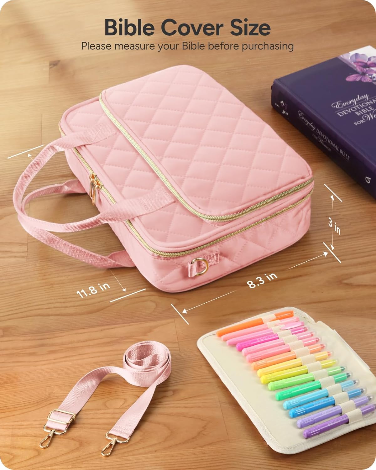 Bible Journaling Kit – Quilted Bible Cover Case for Women, 31 Highlighters, 75 Tabs, Bible Study Supplies & Christian Gift for Women and Teens (Shoulder Strap, Blush Pink) - Image 3