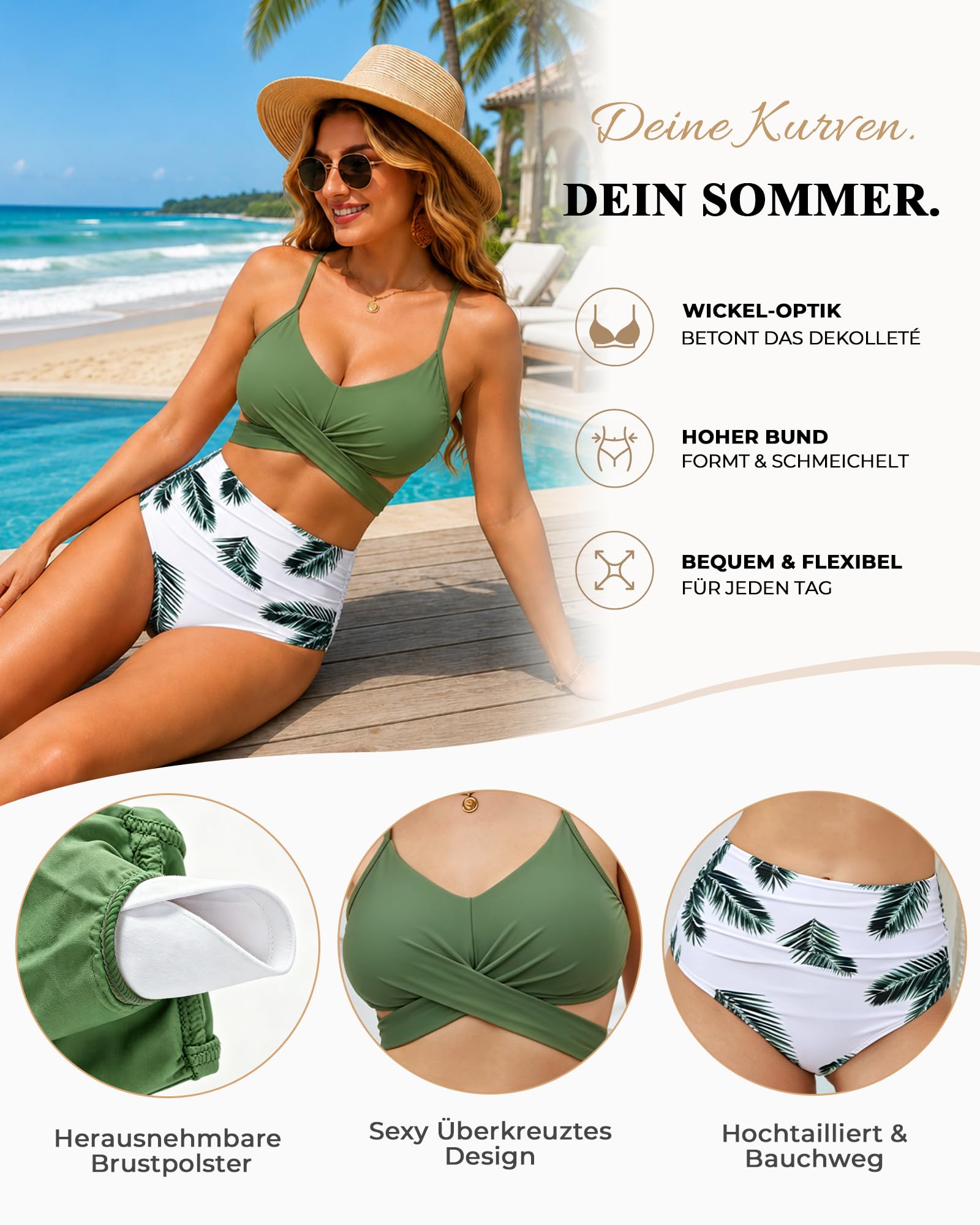 Bikini para mujer, sexy, cintura alta, push-up, traje de baño de dos piezas, parte superior, cuello en V, cruzado, ajustable, encaje hasta la espalda, tallas S-XXL