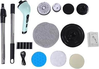Cordless Cleaning Brush with 6 Replaceable Heads Electric Spinning Scrubber Extendable Handle IPX7 Digital Display for Bathroom Kitchen Car (Green)