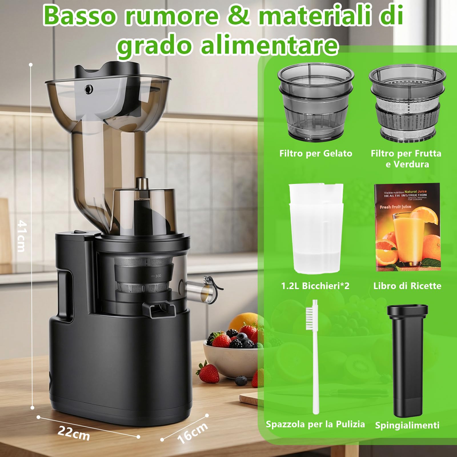Estrattore Frutta e Verdura,Slow Juicer con Ampio Bocca da 98MM, Spremiagrumi Elettrico Professionale 500W con Funzione di Inversione,Tasso di estrazione fino al 98%, Estrattore di Succo