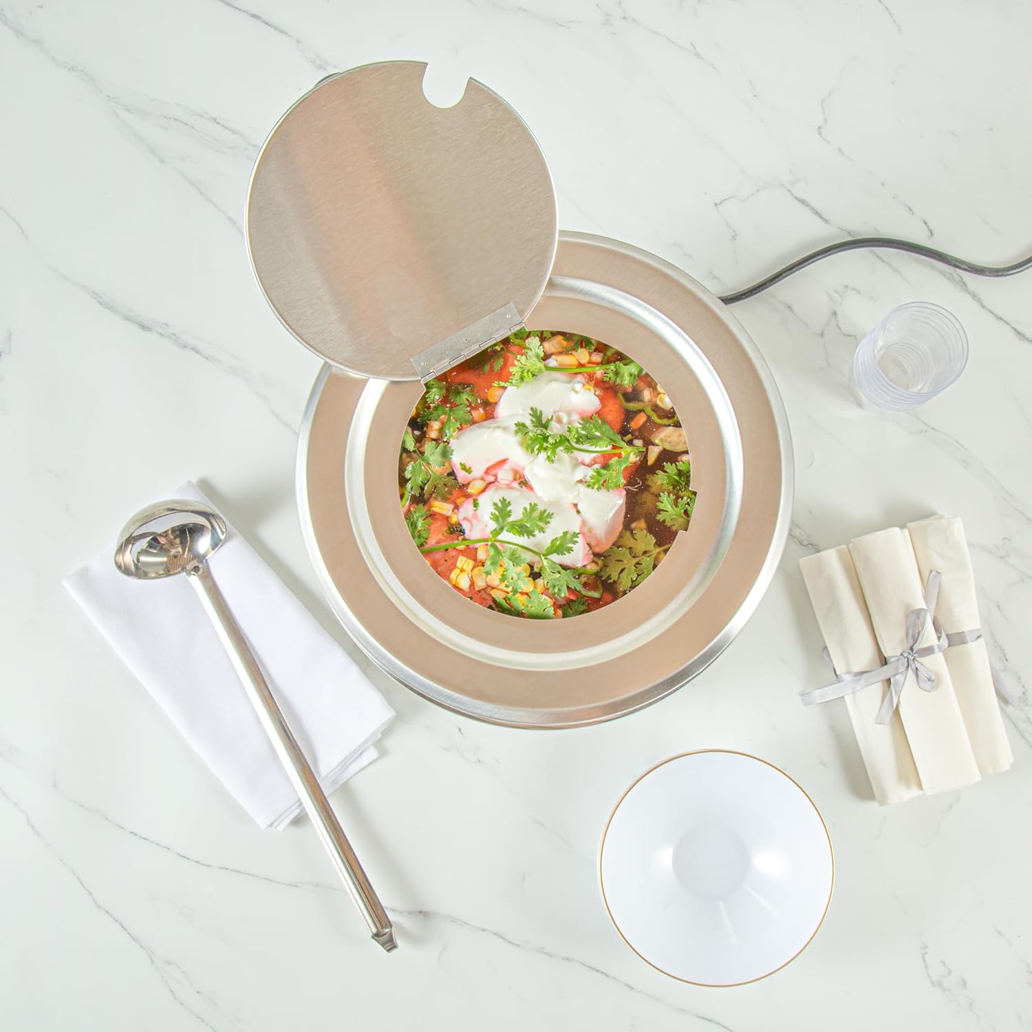 Restaurantware-Hi Tek 11 Quart Countertop Food Warmer, 1 Electric Soup Warmer - Detachable Pot Insert, Temperature Control Knob, Stainless Steel Soup Kettle with Hinged Lid, for Catering Or Buffet