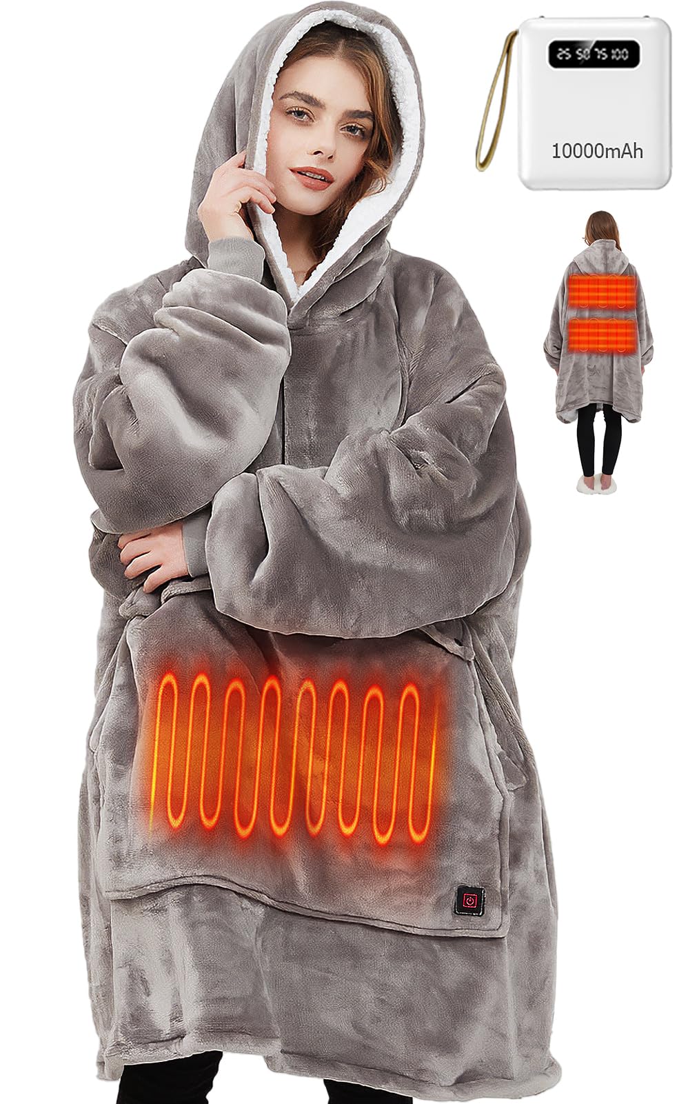 Photo 1 of Decare USB Heated Blanket Battery Operated 10000mah Battery, Oversized Wearable Blanket Hoodie Battery Heated Blanket, Portable Heated Blanket for Adult, One Size Fits All Women and Men Grey Large