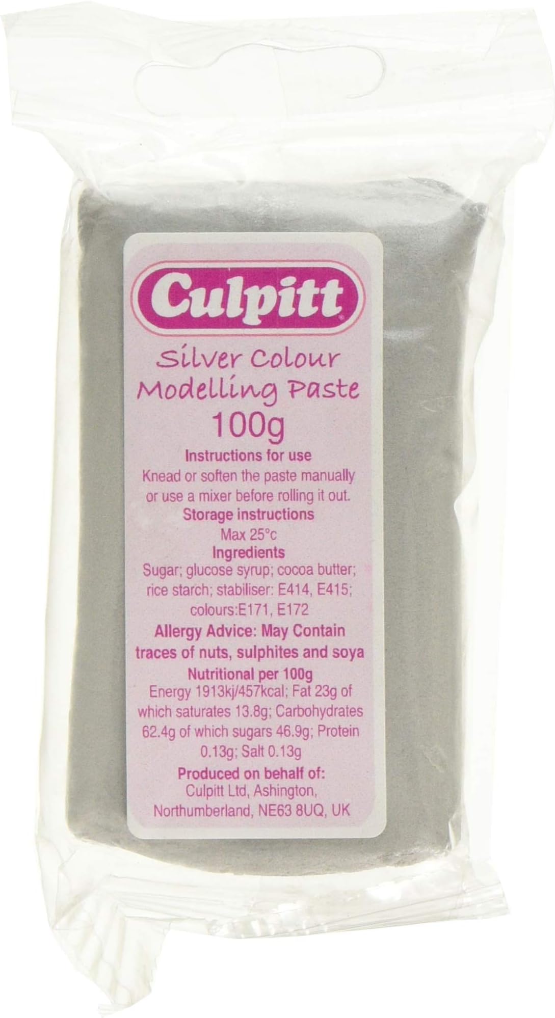 CULPITT Metallic Colour Food Modelling Pastes, Sugar Paste for Celebration Cake Models, Hearts, Stars, Flowers, Leaves, & Floral Gums That Set Hard for a Shimmering Finish - SIlver 100g