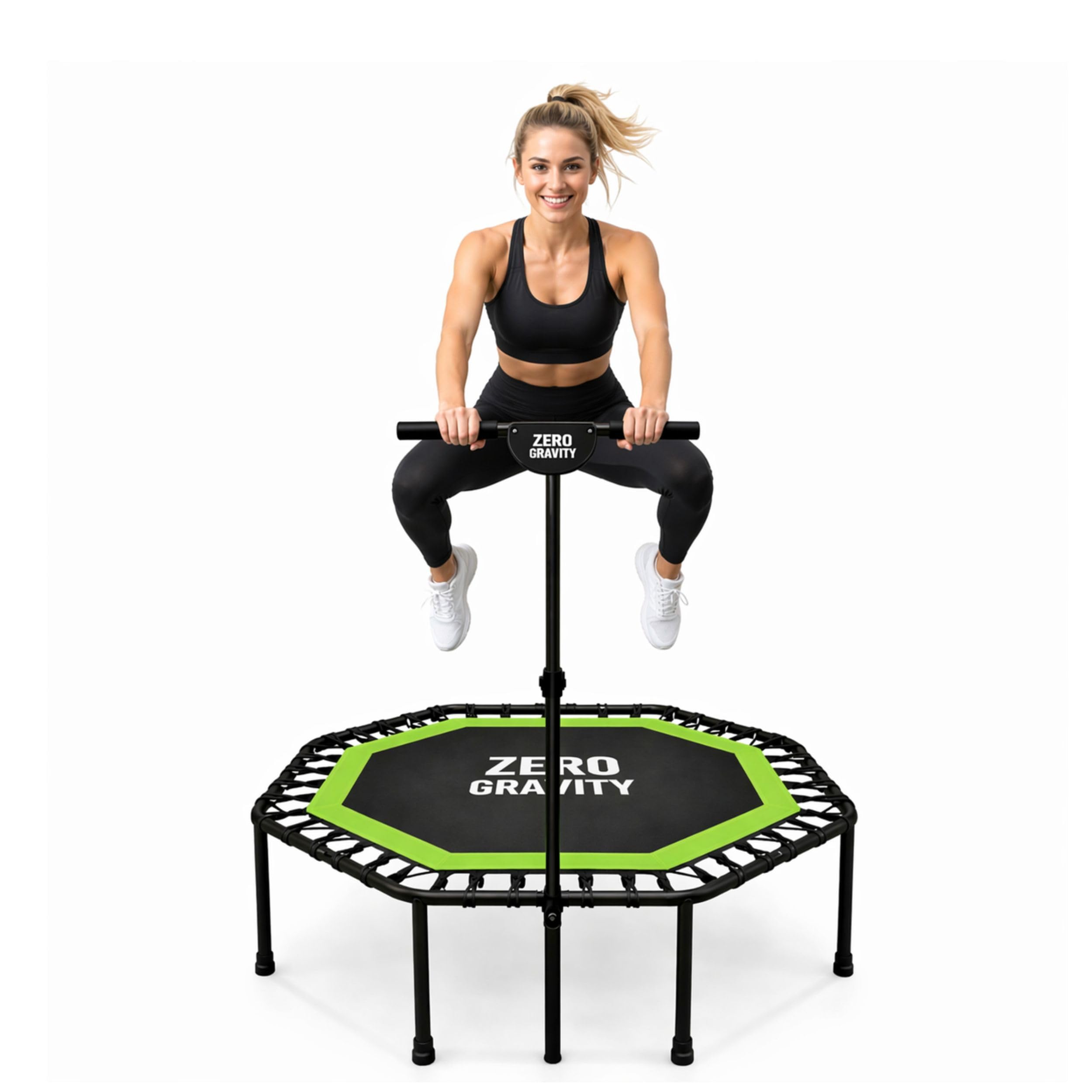 Zero Gravity Fitness Trampolin für Zuhause • Extra große Sprungfläche ideal für Jumping Fitness •Stabiles achteckiges Indoor Trampolin mit Haltegriff • Hochwertige Bungeeseilfederung • Bis 130 kg