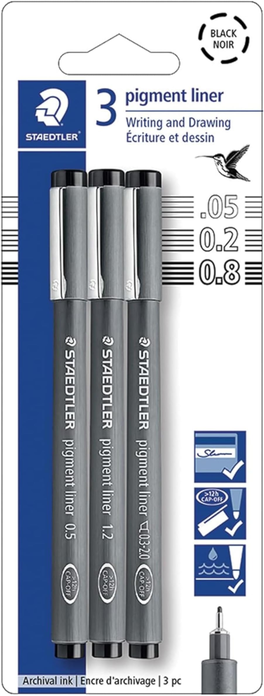 Staedtler Pigment Liner Pack, Black, 3 Pens, Assorted Line Widths 0.05mm/0.2mm/0.8mm, 308-9SBK3