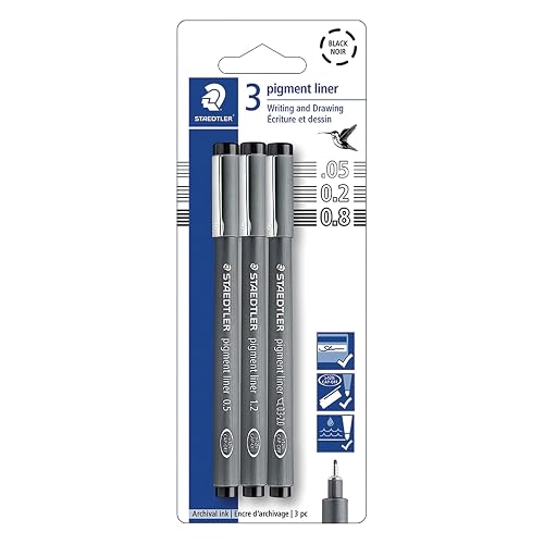 Staedtler Pigment Liner Pack, Black, 3 Pens, Assorted Line Widths