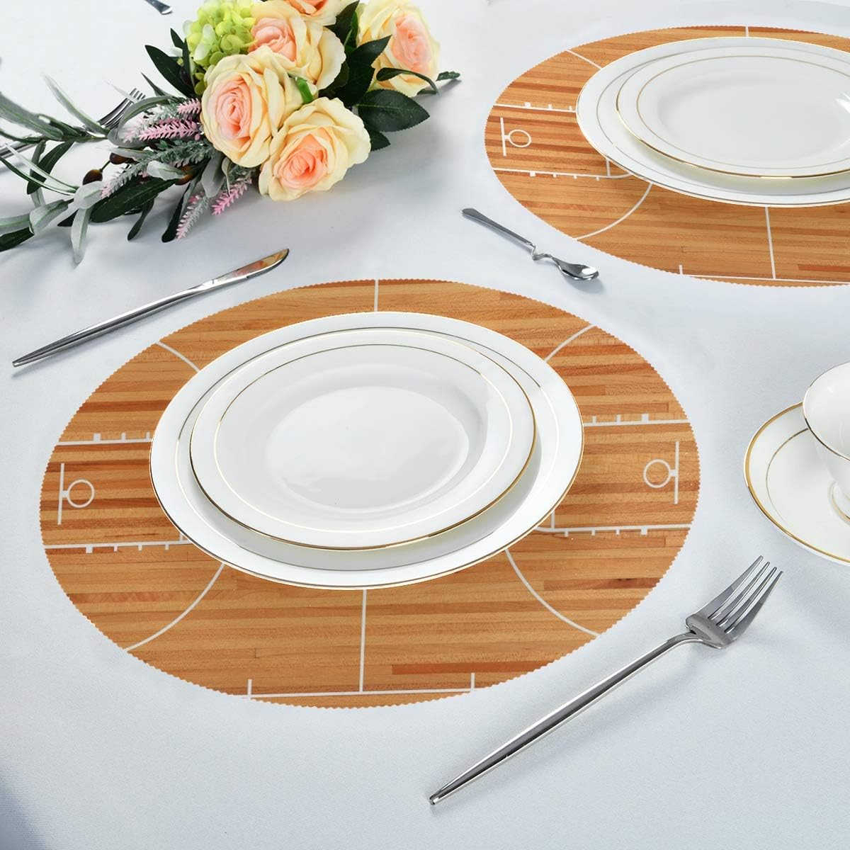 Blueangle Basketball Court Round Placemats Set of 6- Durable Place Mats for Kitchen Table- Easy to Care