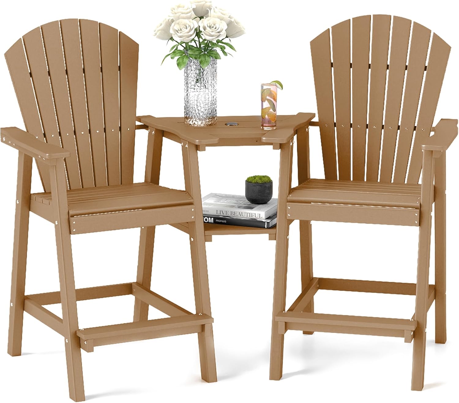 FOOWIN Tall Adirondack Chair Set of 2, All Weather HDPE Bar Height Adirondack Chair with Double Connecting Trays, Adirondack Barstools for Balcony, Deck, Backyard, Patio, Garden, Teak