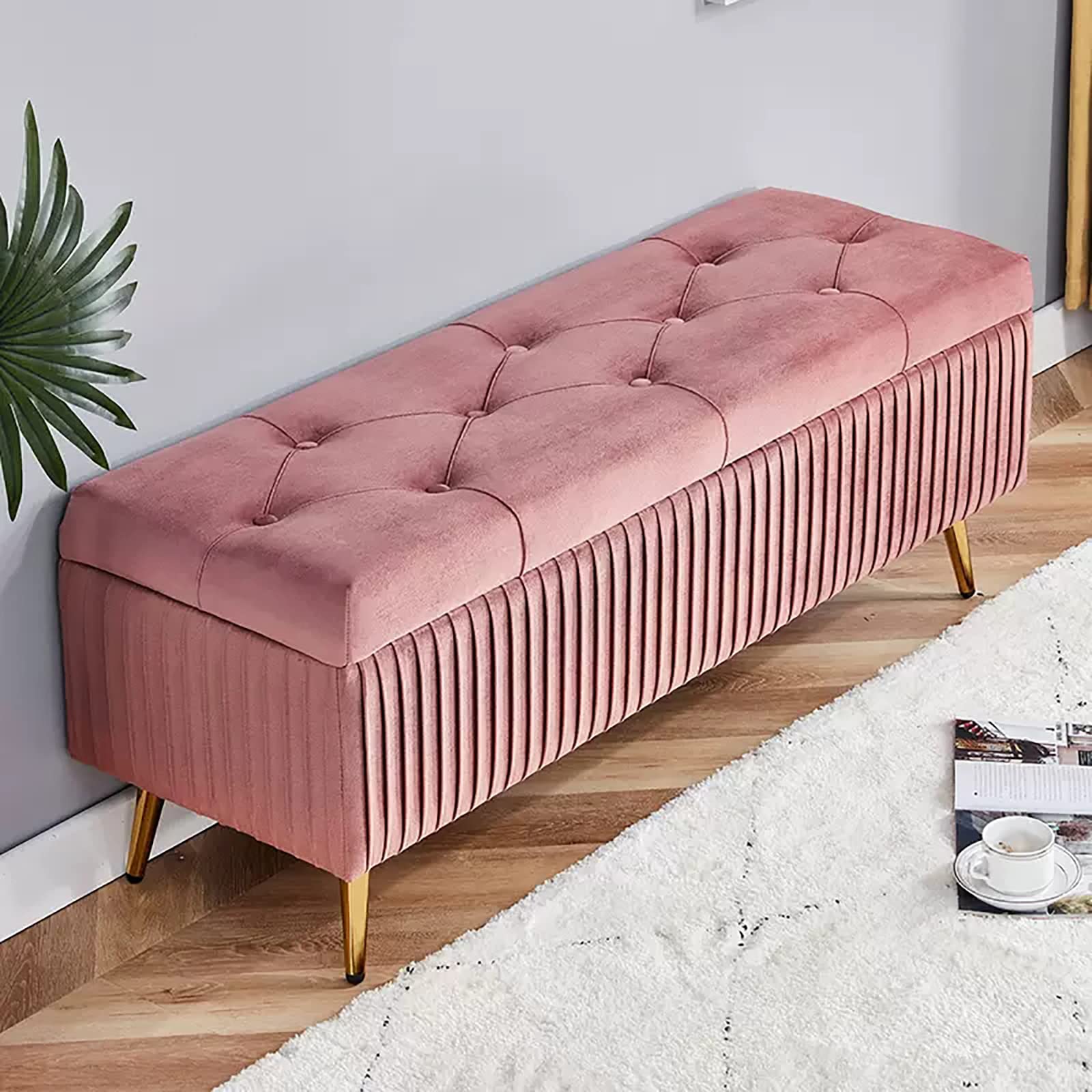 Banc de rangement en velours ottoman pour salon chic et organisation de chambre parentale