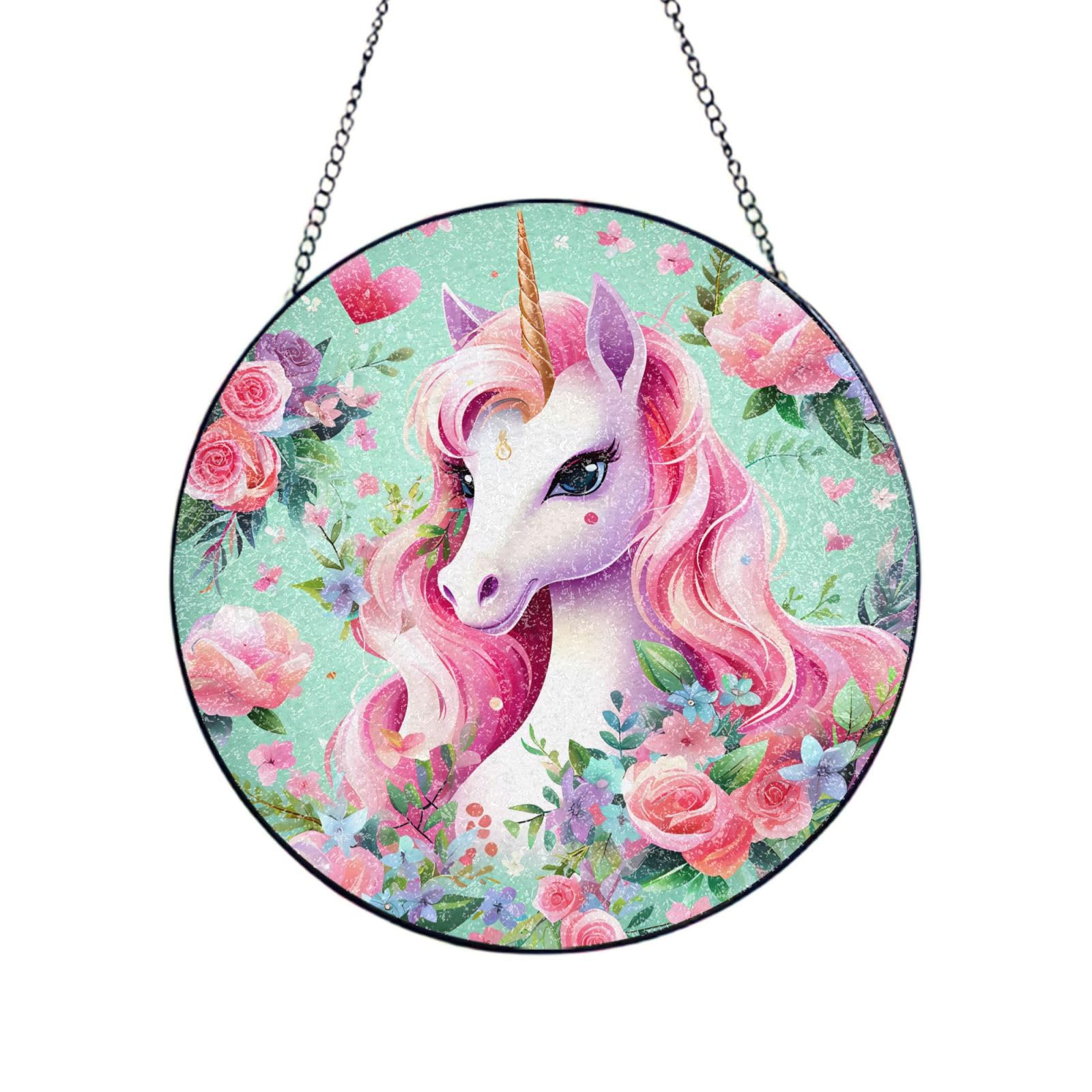 Phayah Pink Unicorn Print Glass Window Hanging Sun Catchers Suncatcher Decor For Birthday For Home Garden Porch 10in（25cm）