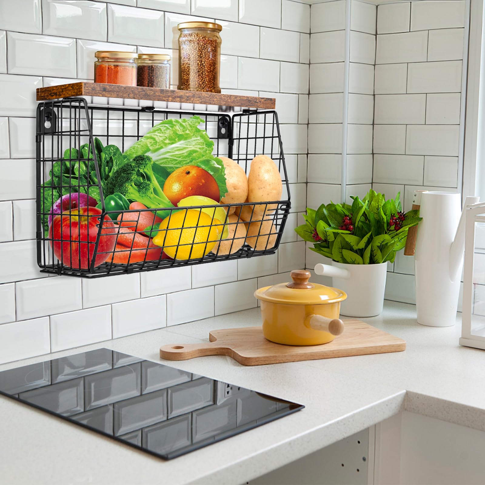 Fruitmand, hangende fruitschaal, hangmanden voor keuken, metalen groentemanden, keukenmanden, opbergbaar, stapelbaar, met houten deksel en schroeven, voor het opbergen van groenten, fruit en snack