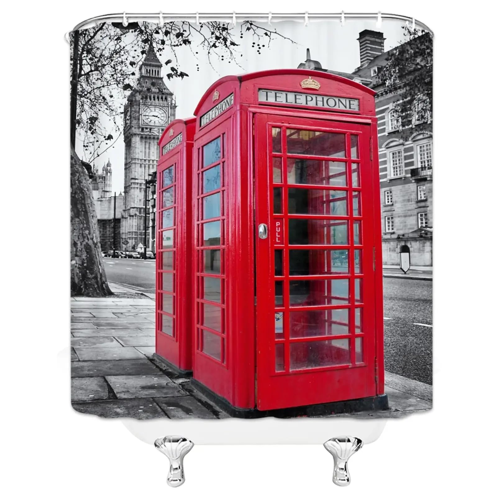 Rideau de douche Big Ben rouge pour baignoire et douche style rétro londonien en polyester