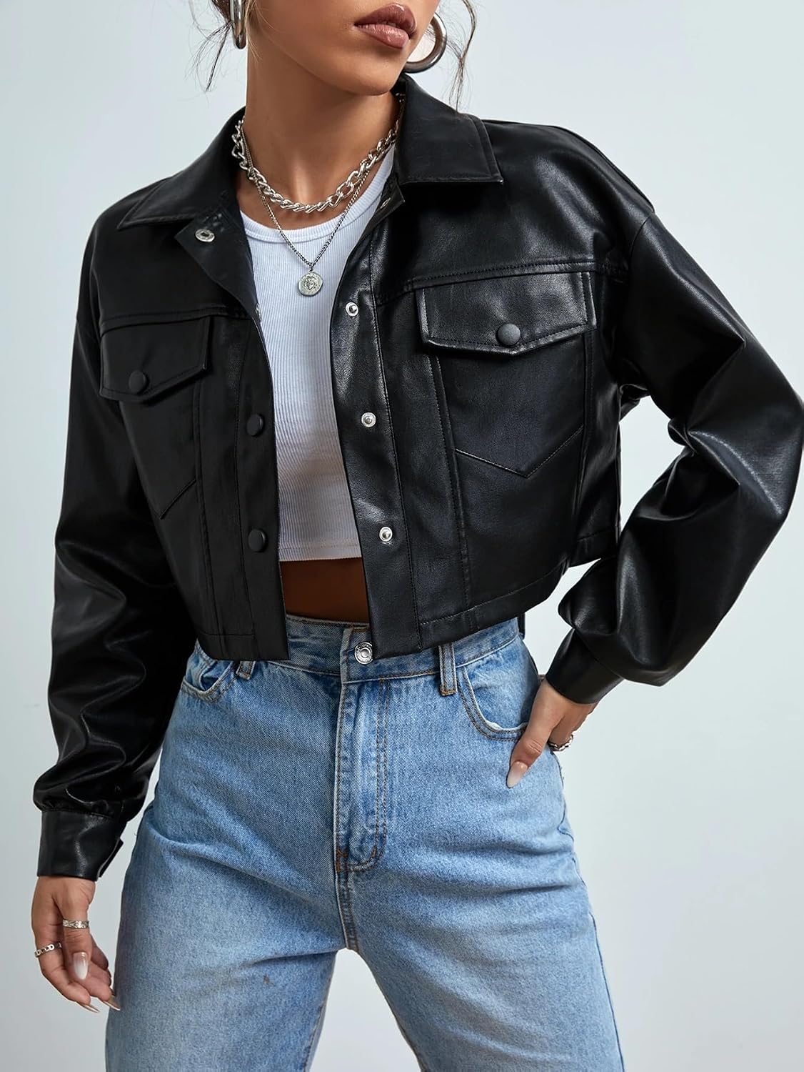 Women's Trench Coat Casual Single Breasted Drop Shoulder Pocket Crop PU Jacket Long Sleeve Classic Overcoat