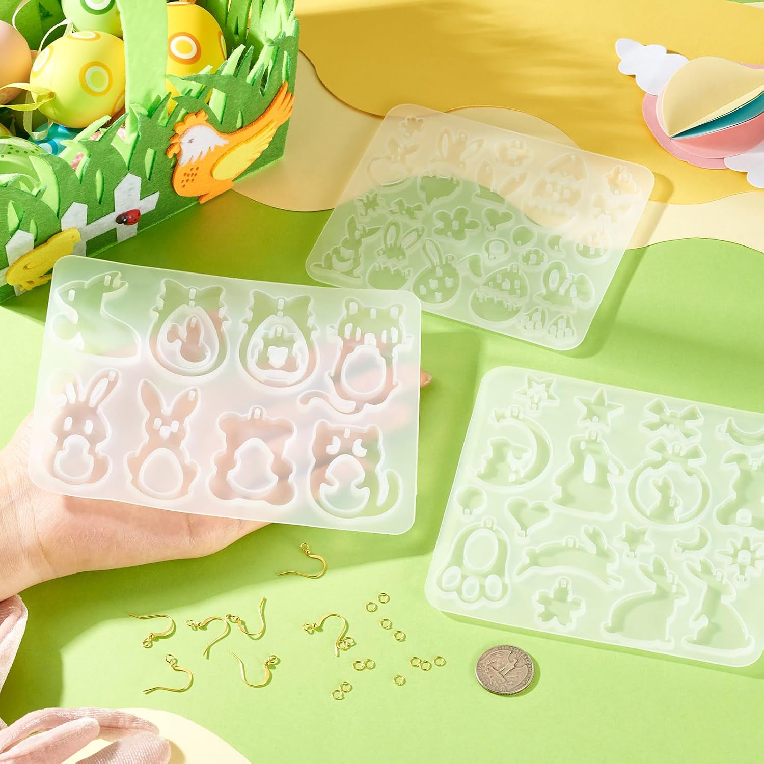 FASHEWELRY Easter Egg Rabbit Earring Making Kit Silicone Molds Bunny Flower Heart Star Charms Resin Molds Gold Earring Hooks Jump Rings for Crafts DIY UV Epoxy Resin Jewelry Making Supplies image 5