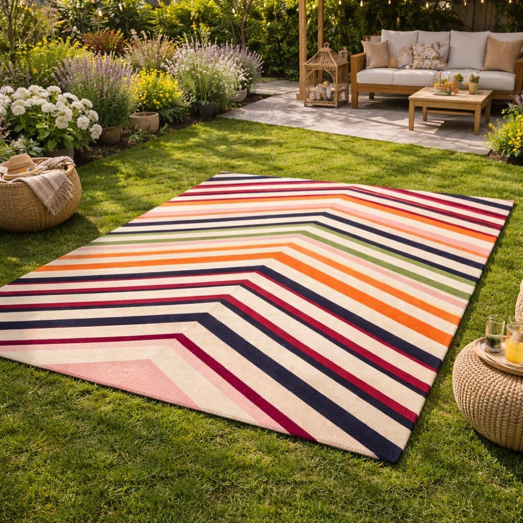 6'x10' Hand Tufted Wool Chevron Area Rug Colorful Striped Modern Carpet for Living Room Bedroom Dining Room Hallway Decorative Rectangular Floor Rug