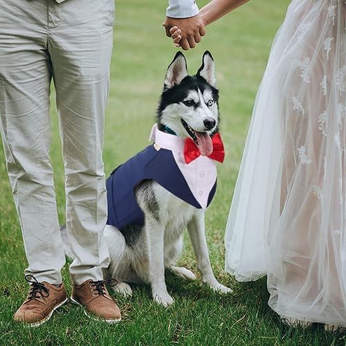Miniatura 10 de IDOMIK Traje de esmoquin para perros pequeños, medianos y grandes, traje formal de esmoquin para perro con collar de corbatín desmontable y bufanda
