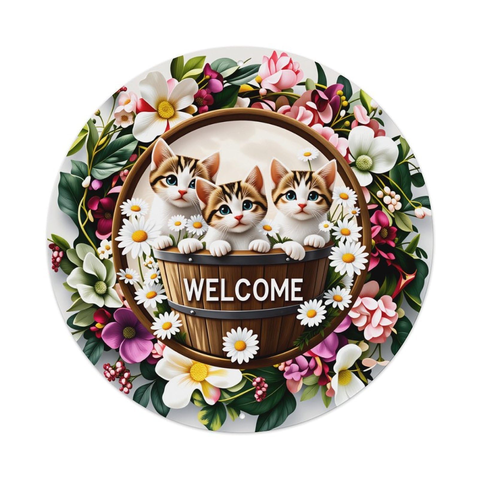 Cats In Bucket Flowers Welcome Metal Tin Sign Vintage Garden Bedroom Cafe Bar Man Cave Home Wall Decor Metal Poster 8x8 inches