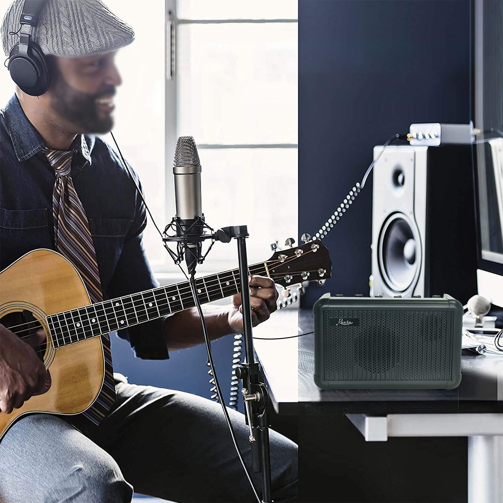 Ampli de Guitare électrique 15 W Haut-Parleur BT sans Fil Ampli de Guitare Acoustique avec Fonction de réglage 8 Effets sonores Batterie Rechargeable 2200 mAh pour l'enregistrement de Pratique