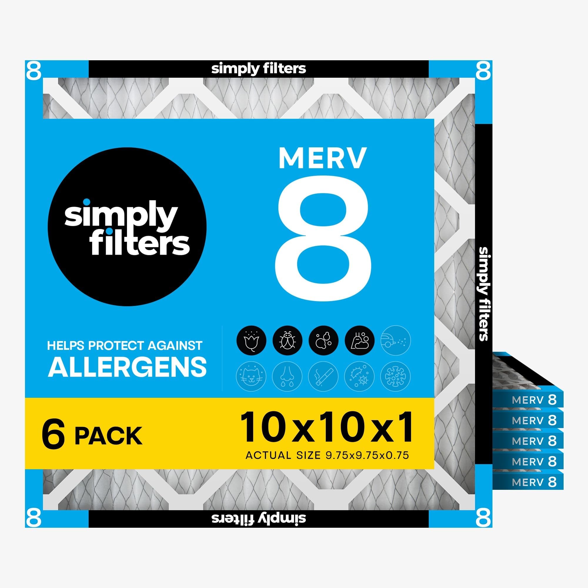Simply 10x10x1 Air Filter, Merv 8, MPR 600, 6 Pack, Furnace Air Filter for HVAC (Actual Size: 9.75"x9.75"x0.75") DUST, Pet, & Allergy Control