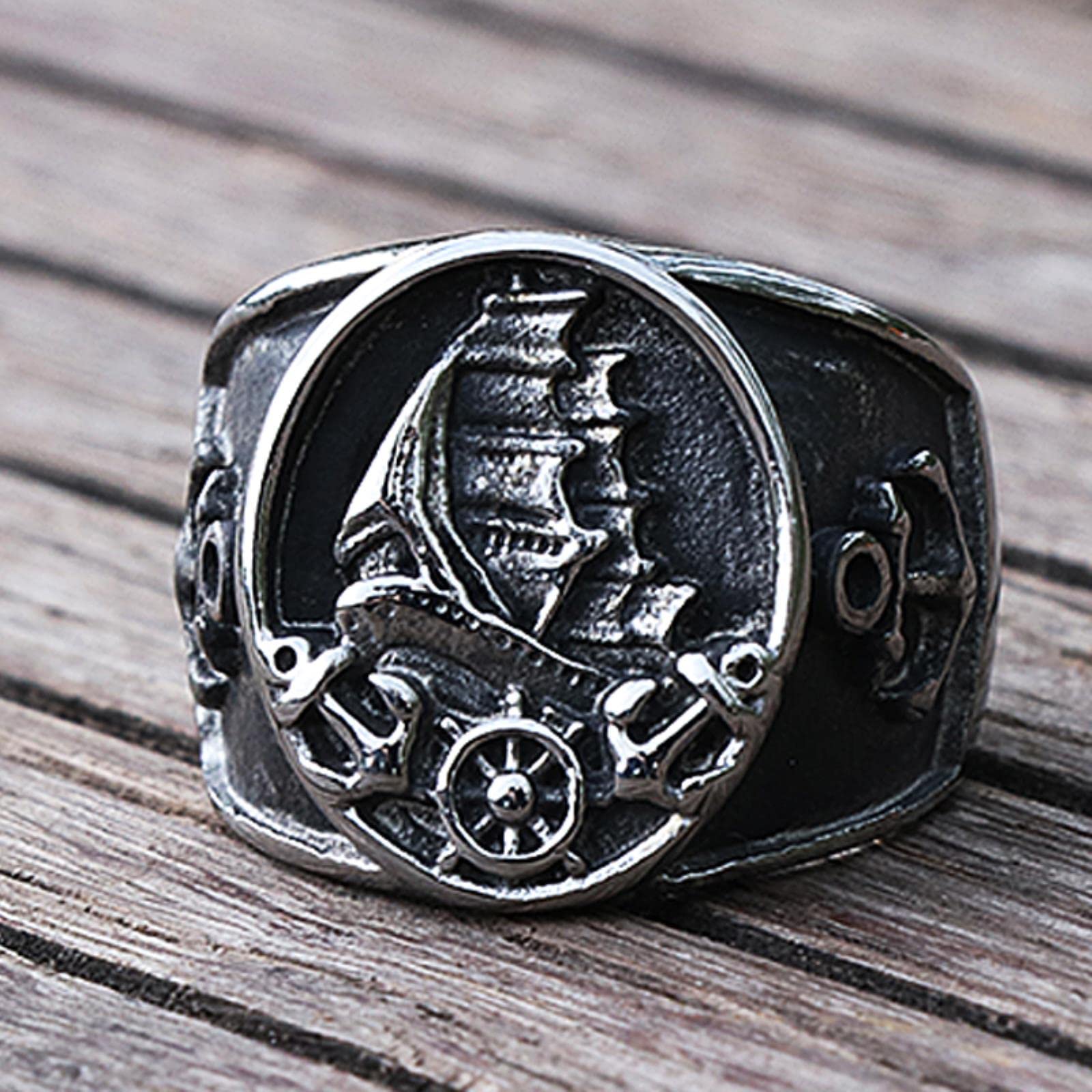 Xjruixi Men's Green Nordic Sailboat Pirate Ring For 316L Stainless Steel Biker Viking Ring Wo Compass Anchor Rings Fashion Jewelry Gift