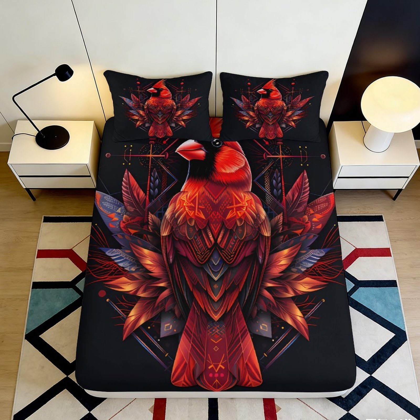 3D Printed Red Cardinal Bird Fitted Sheet Microfiber Soft Non-Slip Protector Artistic Christmas Matte Bed Cover for Bedroom Guestroom 90x200x25cm