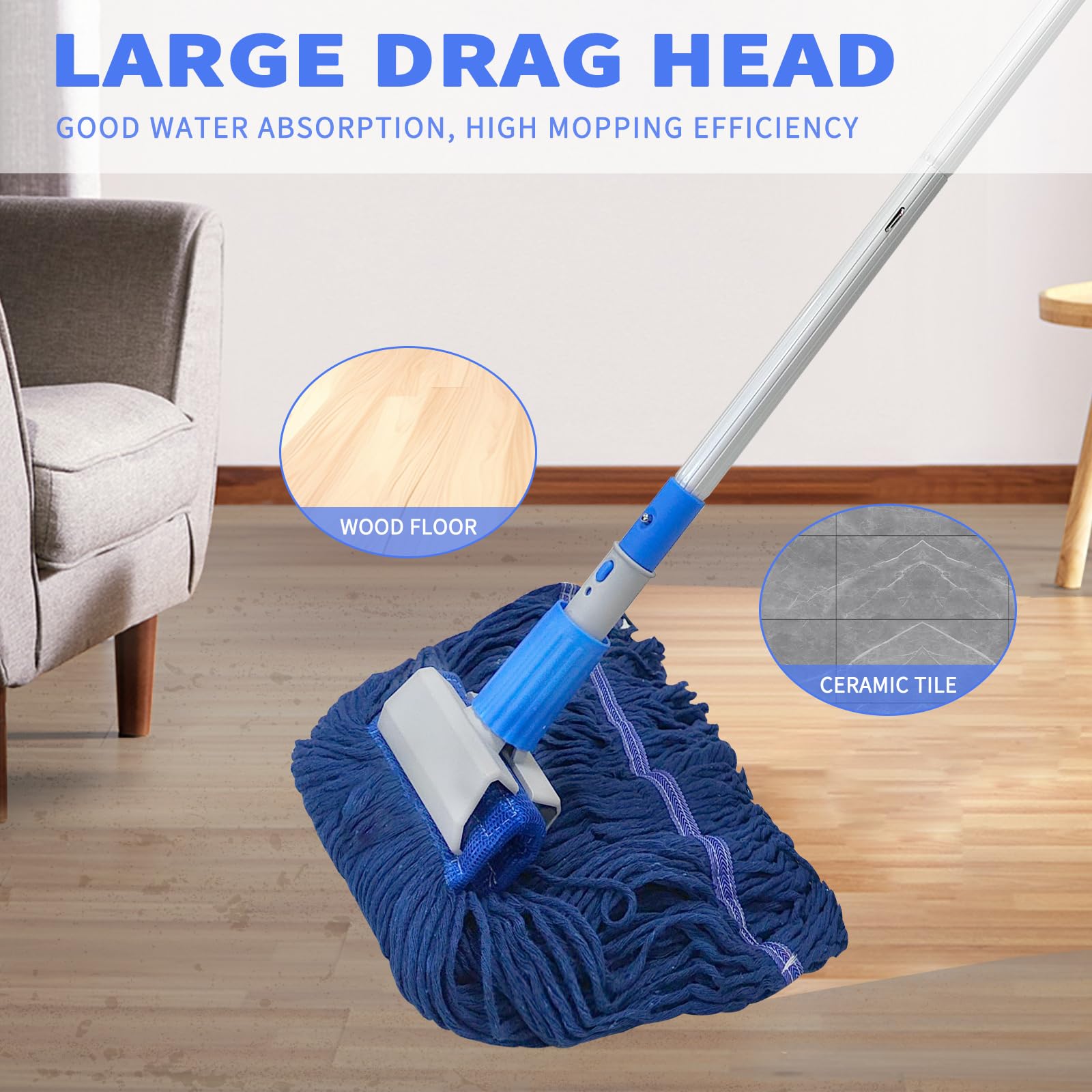 Fregona industrial resistente con 2 almohadillas para fregona, limpieza de suelos húmedos con extremo en bucle, color azul