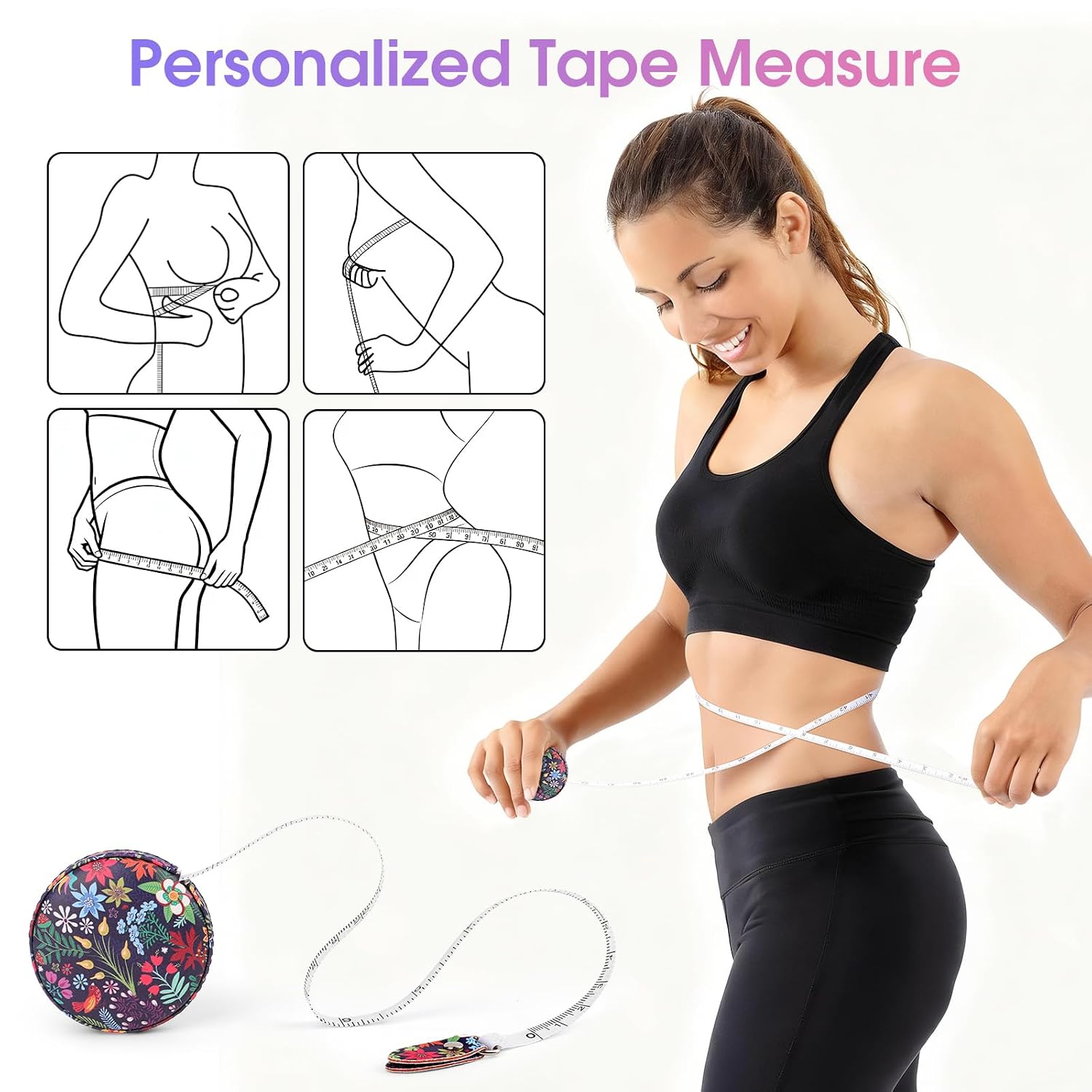 Retractable Mini Tape Measure, Auto-Retract, Premium Leather Tape Measure, Dual-Sided Ruler, Ideal for Fabric Cutting, Body Measurements, and Handicrafts (Tropical Flowers)