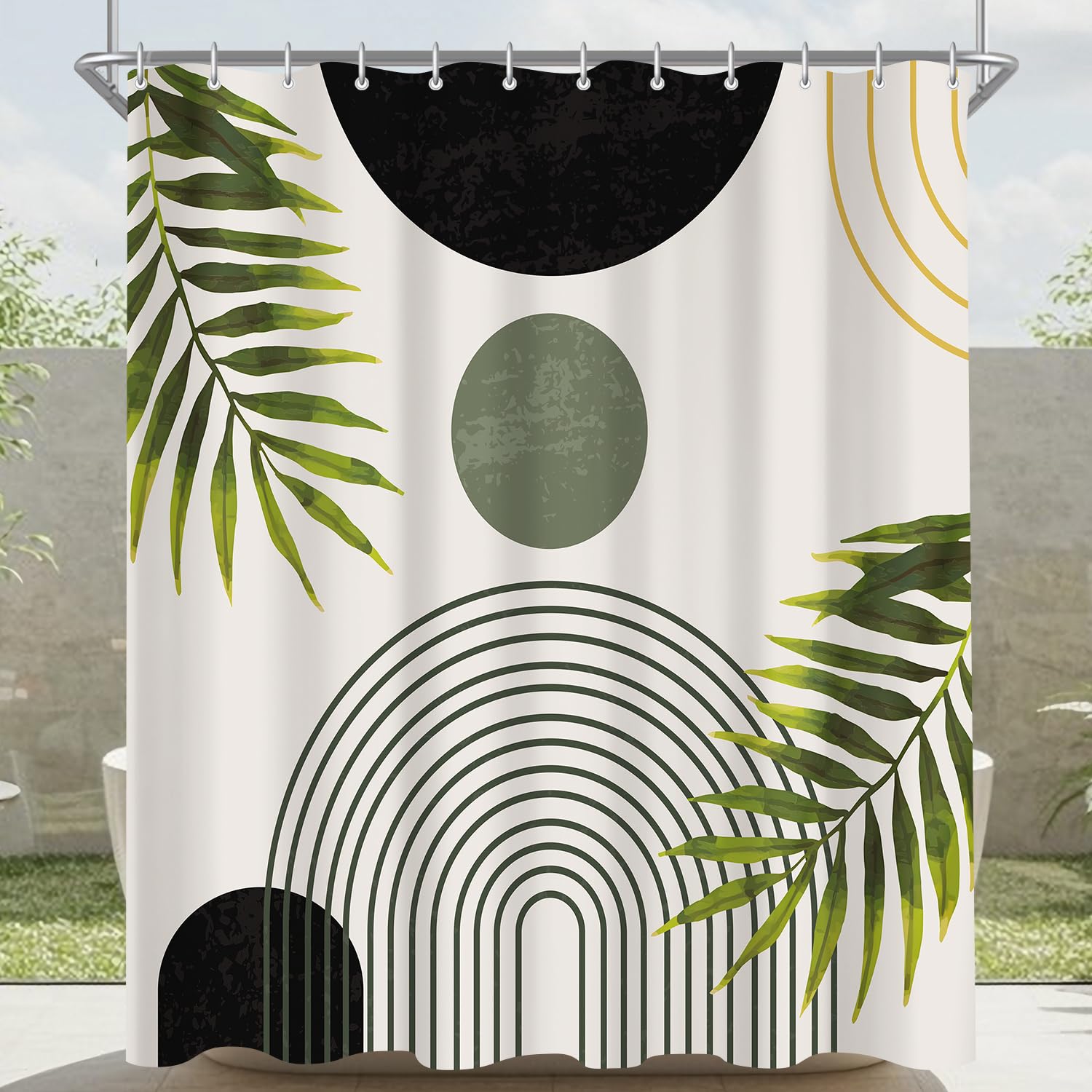 Shower Curtain, 180 x 160 cm, Black Leaves Line, Weighted Hem, Anti-Mould Textile, Water-Repellent