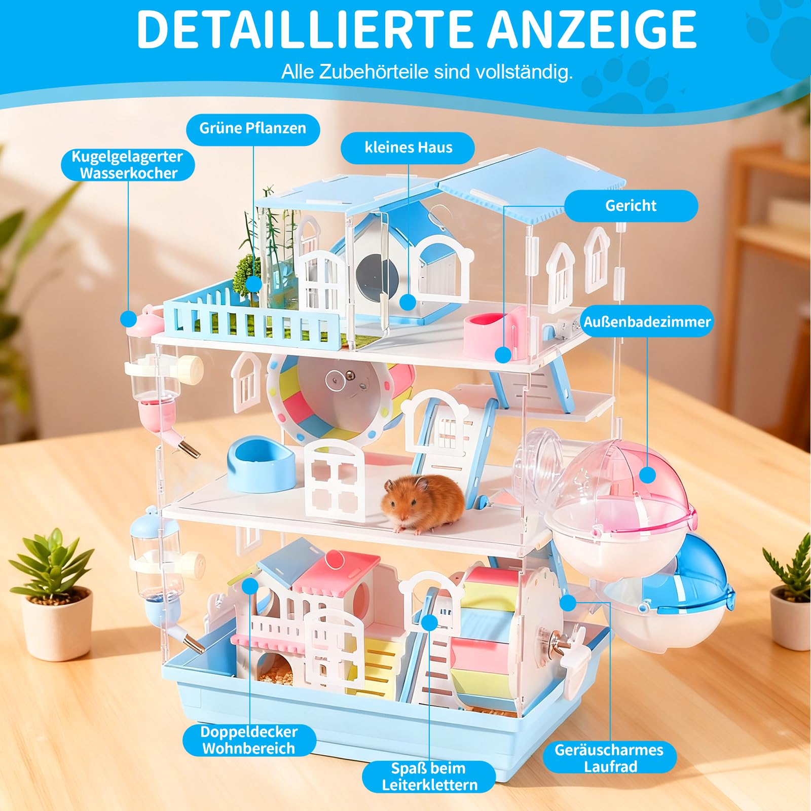 Jaula acrílica para hámster de 35 x 26 x 51 cm, diseño magnético para hámster, con botella de agua, cuenco para alimentos, rueda, bañera y puente colorido, base extraíble, color azul
