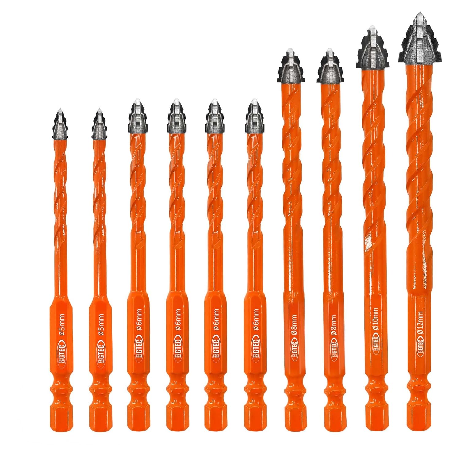 BGTEC 10-Pc Serrated Carbide Masonry Drill Bit Set: 3/16"-1/2" Bits for Wood, Brick, Concrete, Tile, Glass, Marble