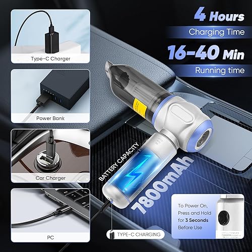 Miniatura 6 de Aspiradora portátil sin cable, 3 en 1 de mano, 17500 PA de alta potencia, aspiradora de mano y plumero de aire para succión, soplado, inflado y