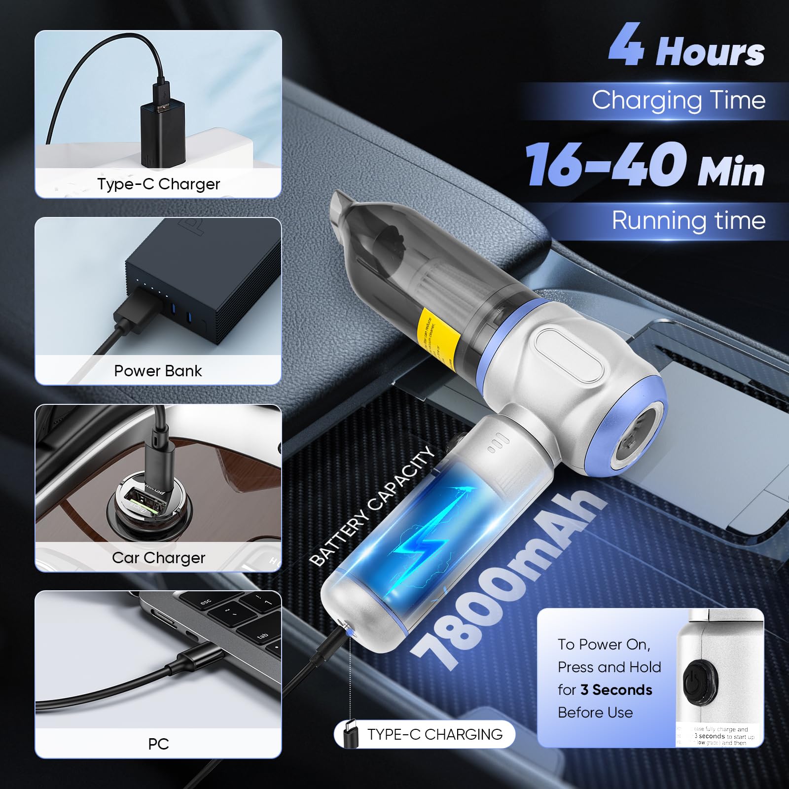 SakerPlus Aspiradora portátil inalámbrica 3 en 1 de mano mini aspiradora de mano 17500PA aspiradora de mano de alta potencia, plumero de aire, soplado, inflado, desinflado, perfecto para coche