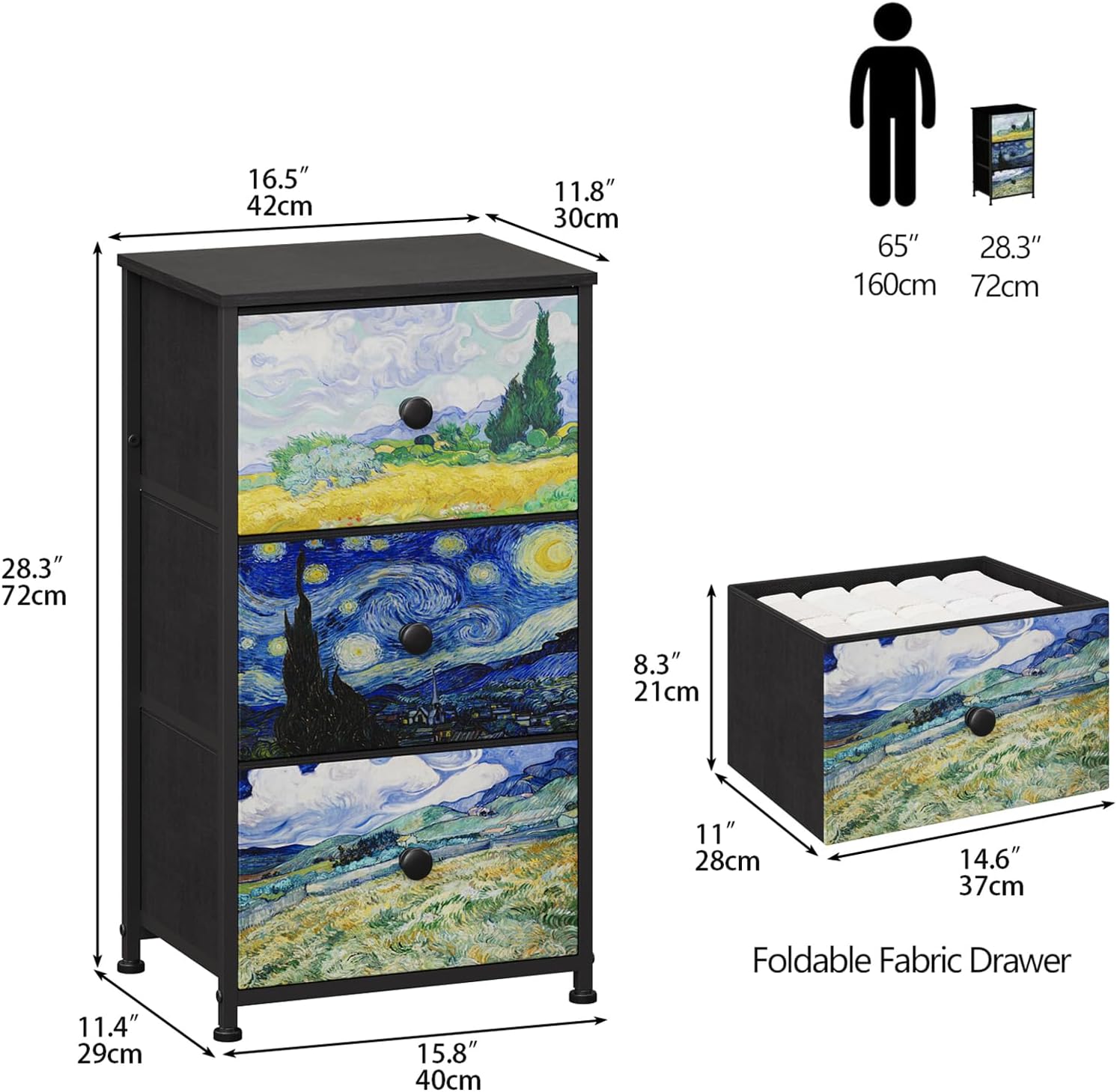 Dresser with 3 Drawers Van Gogh Drawer Dresser for Bedroom Narrow Nightstand Small Dressers & Chests of Drawers for Halfway Entryway Closets Living Room Sturdy Steel Frame Wood Top