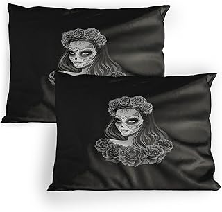 Ambesonne Day of The Dead Pillow Sham Set of 2, Gothic Young Girl in Calavera Make up Hairstyle Roses, Quality Microfiber Bedding Item for All Seasons, 26