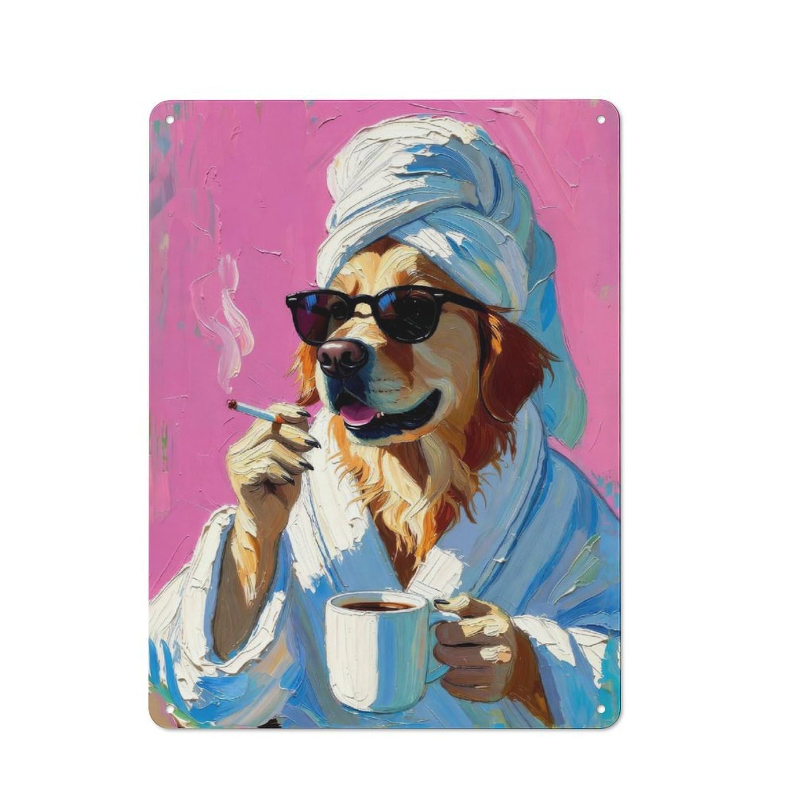 Junmoney Style-2 Glamorous Golden Retriever In Bathrobe Impasto Oil Painting Art Retro Metal Wall Decor 40X30cm, Vintage Metal Sign For Coffee Bar, Small Shop Or Dining Room