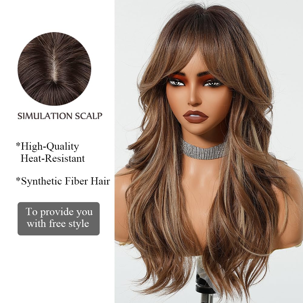 Longue Perruque mixte Brune avec Franges Perruques Ondulées Naturelles pour Femmes Cheveux Synthétiques Naturels Perruques Résistantes à La Chaleur pour La Fête Quotidienne Cosplay Wear