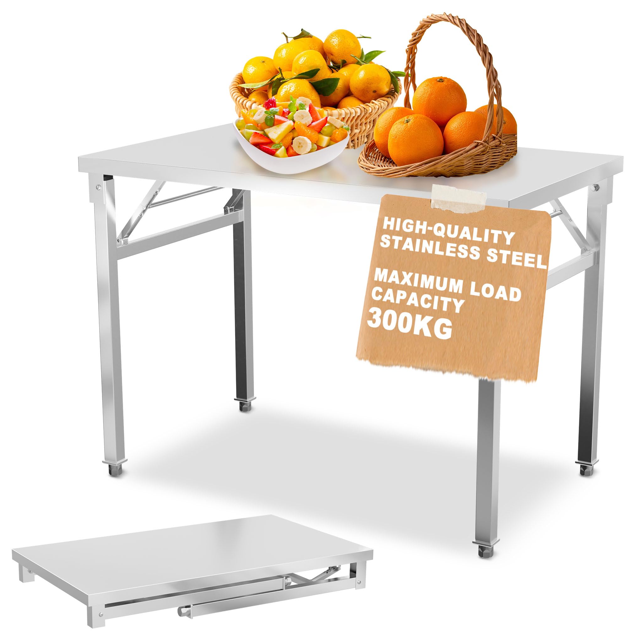 UISEBRT Mesa plegable de acero inoxidable con capacidad de carga de 300 kg y patas ajustables ajustables, mesa de trabajo plegable, mesa de cocina, para gastronomía, cocina, bar, restaurante, 120 x 60