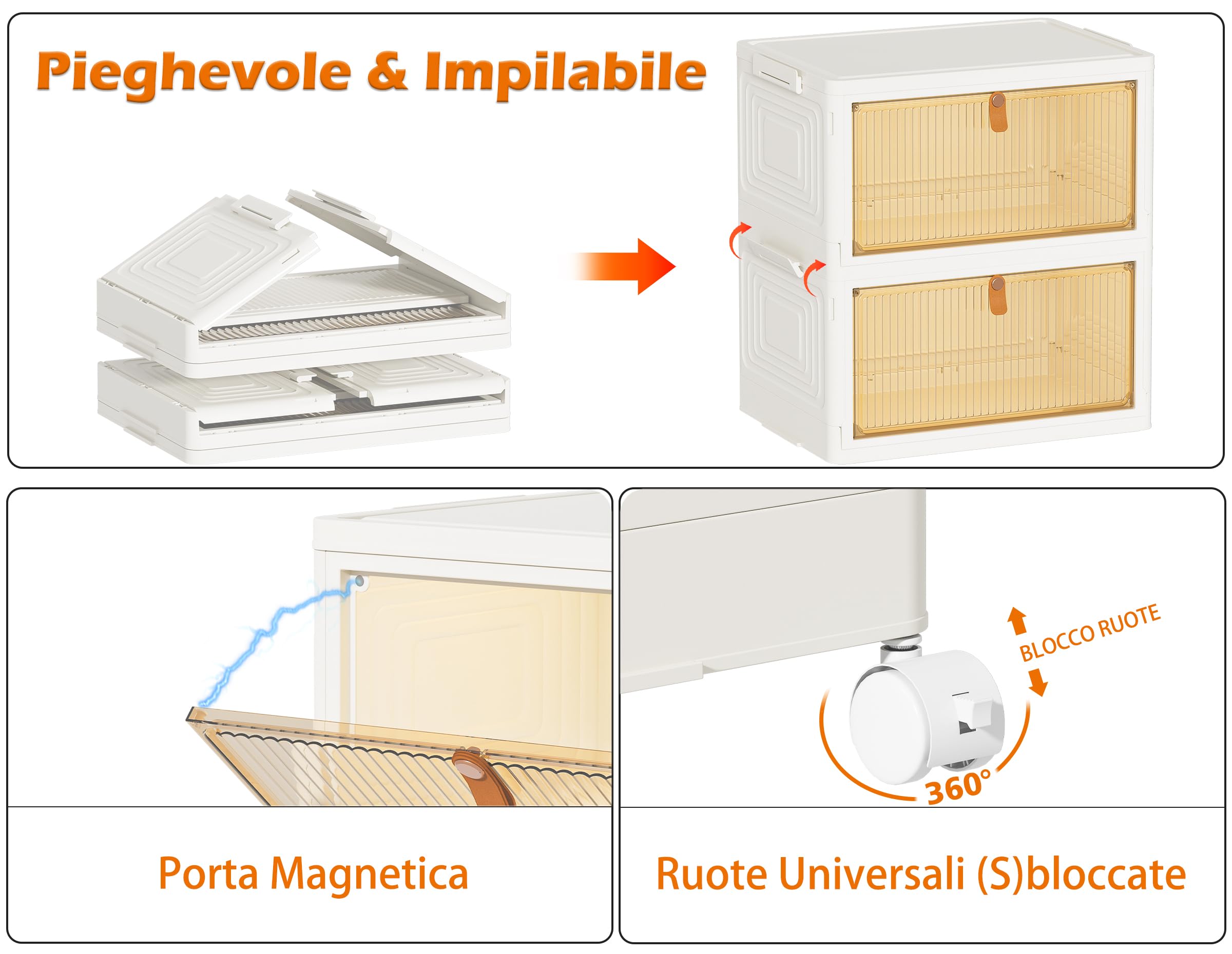 Scatola Portaoggetti Pieghevole Con Ruote 33L – 3 Cassetti, Coperchio E Sportello Magnetico, Bianco Crema, Per Vestiti, Giocattoli E Snack