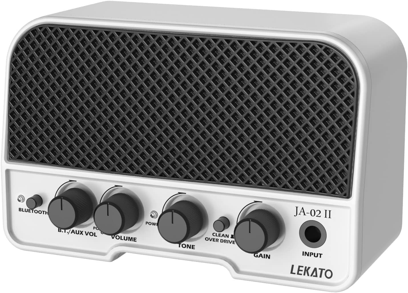 Front view of the LEKATO Mini Guitar Amplifier in white, showing all control knobs and input jack.