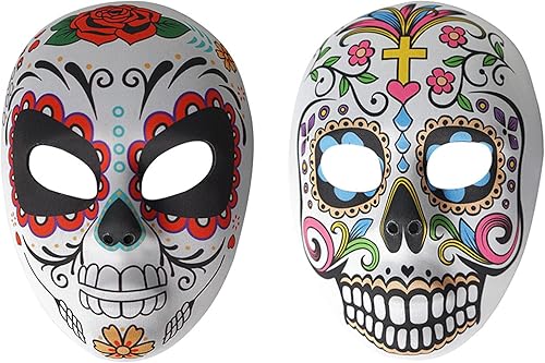 2 máscaras de calavera de azúcar del Día de los Muertos, máscara de cara completa para mujer, esqueleto zombi, hueso, flor, hoja, máscara para
