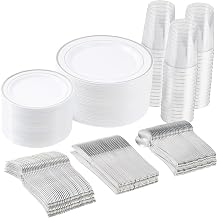 350pcs Silver Disposable Plates, Party Plastic Plate Sets, Includes 50 Dinner Plates, 50 Dessert Plates, 50 Pre Rolled Napkins and Gold Cutlery Sets, and 50 Cups